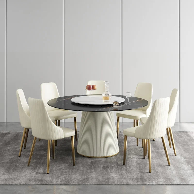 59 Table à manger ronde moderne pour 8 personnes, plateau en pierre frittée noire avec plateau tournant