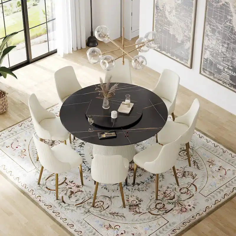 59 Table à manger ronde moderne pour 8 personnes, plateau en pierre frittée noire avec plateau tournant
