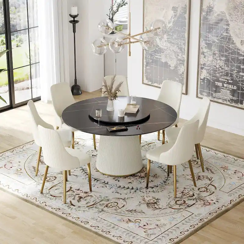 59 Table à manger ronde moderne pour 8 personnes, plateau en pierre frittée noire avec plateau tournant