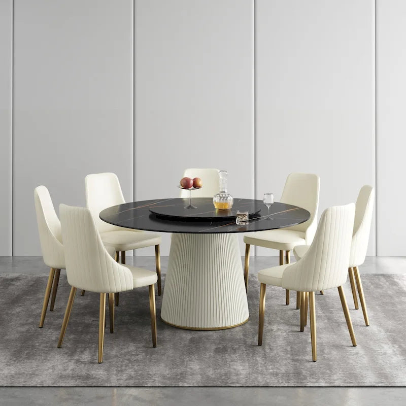 59 Table à manger ronde moderne pour 8 personnes, plateau en pierre frittée noire avec plateau tournant