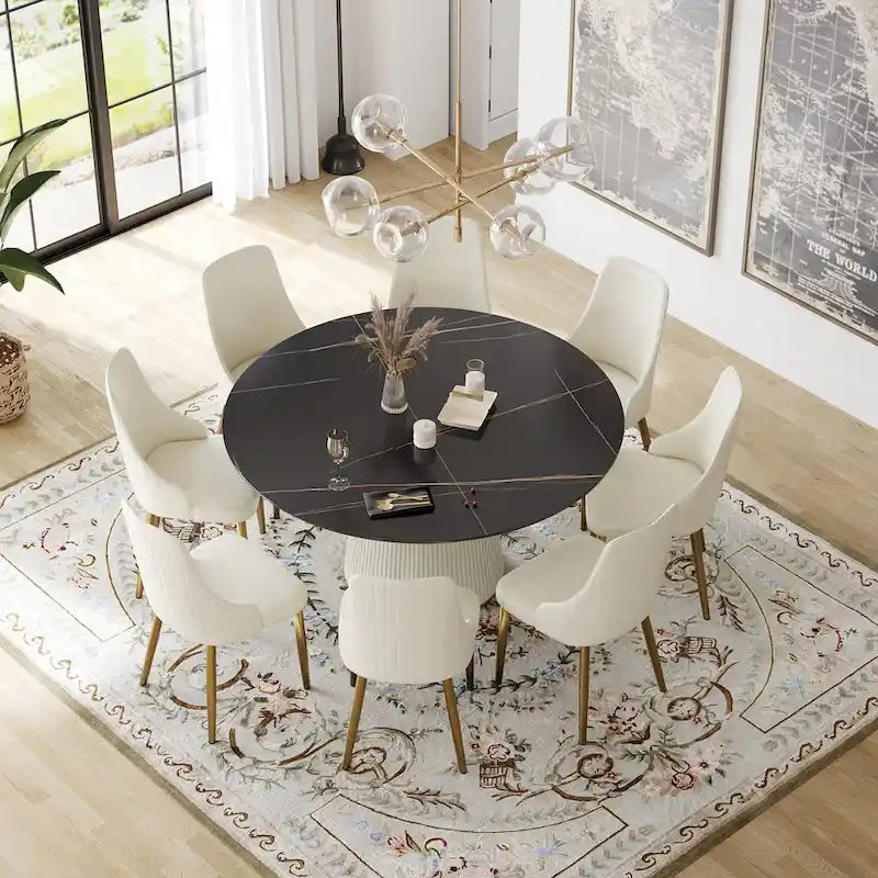 59 Table à manger ronde moderne pour 8 personnes, plateau en pierre frittée noire avec plateau tournant