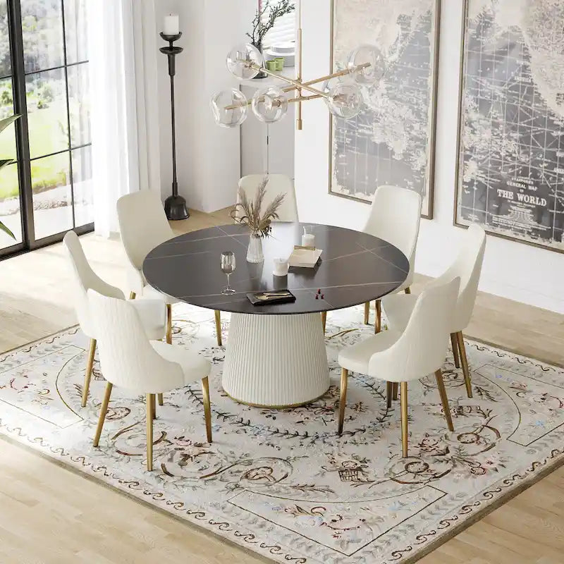 59 Table à manger ronde moderne pour 8 personnes, plateau en pierre frittée noire avec plateau tournant
