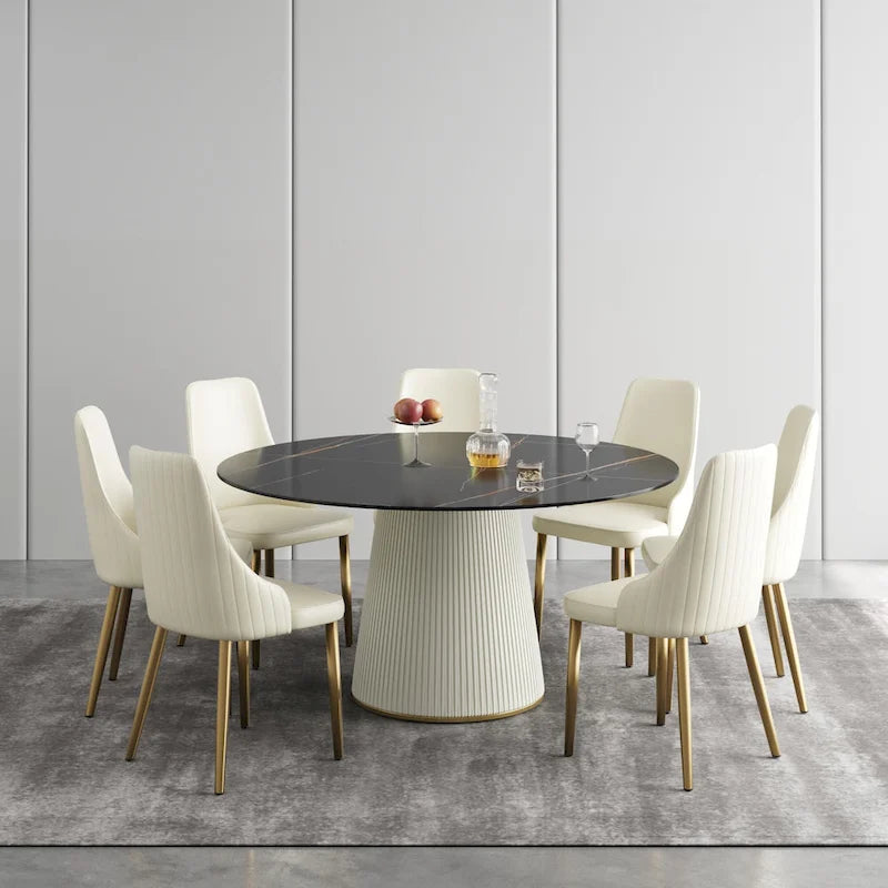59 Table à manger ronde moderne pour 8 personnes, plateau en pierre frittée noire avec plateau tournant