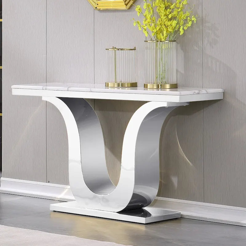 Table Console Luxe 50 pouces Rectangulaire Salon Canapé Blanc Table d'Entrée avec Base en U en Acier Inoxydable