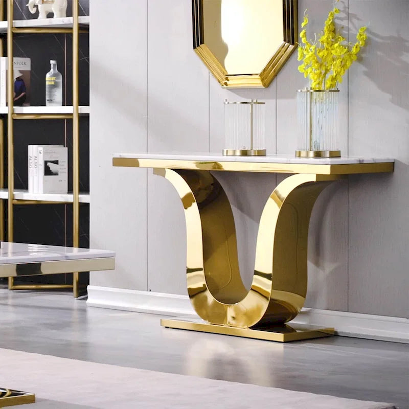 Table Console Luxe 50 pouces Rectangulaire Salon Canapé Blanc Table d'Entrée avec Base en U en Acier Inoxydable
