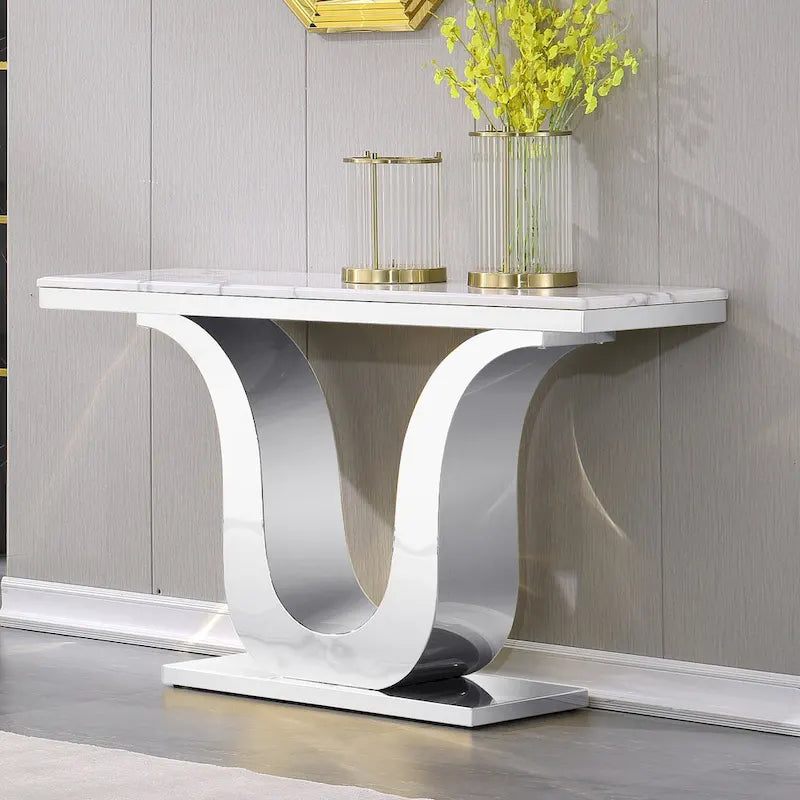 Table Console Luxe 50 pouces Rectangulaire Salon Canapé Blanc Table d'Entrée avec Base en U en Acier Inoxydable