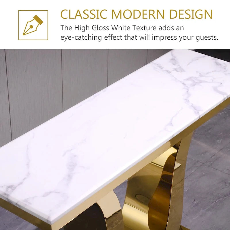 Table Console Luxe 50 pouces Rectangulaire Salon Canapé Blanc Table d'Entrée avec Base en U en Acier Inoxydable