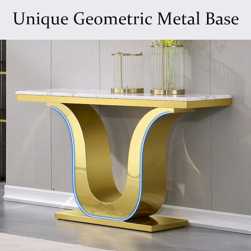 Table Console Luxe 50 pouces Rectangulaire Salon Canapé Blanc Table d'Entrée avec Base en U en Acier Inoxydable