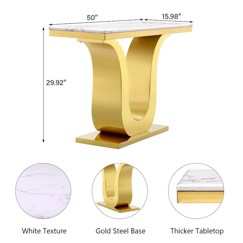 Table Console Luxe 50 pouces Rectangulaire Salon Canapé Blanc Table d'Entrée avec Base en U en Acier Inoxydable