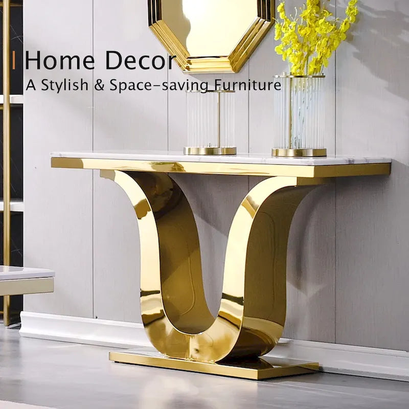 Table Console Luxe 50 pouces Rectangulaire Salon Canapé Blanc Table d'Entrée avec Base en U en Acier Inoxydable