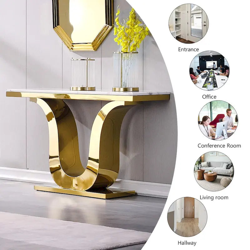 Table Console Luxe 50 pouces Rectangulaire Salon Canapé Blanc Table d'Entrée avec Base en U en Acier Inoxydable