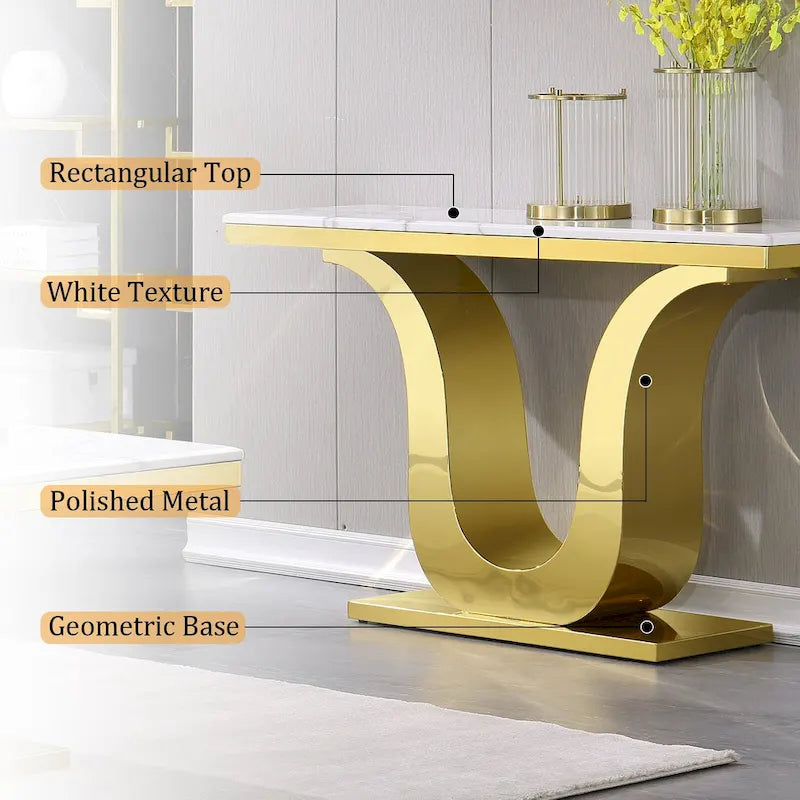 Table Console Luxe 50 pouces Rectangulaire Salon Canapé Blanc Table d'Entrée avec Base en U en Acier Inoxydable