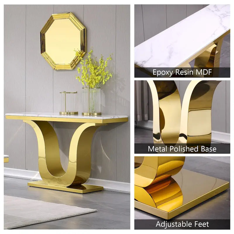 Table Console Luxe 50 pouces Rectangulaire Salon Canapé Blanc Table d'Entrée avec Base en U en Acier Inoxydable