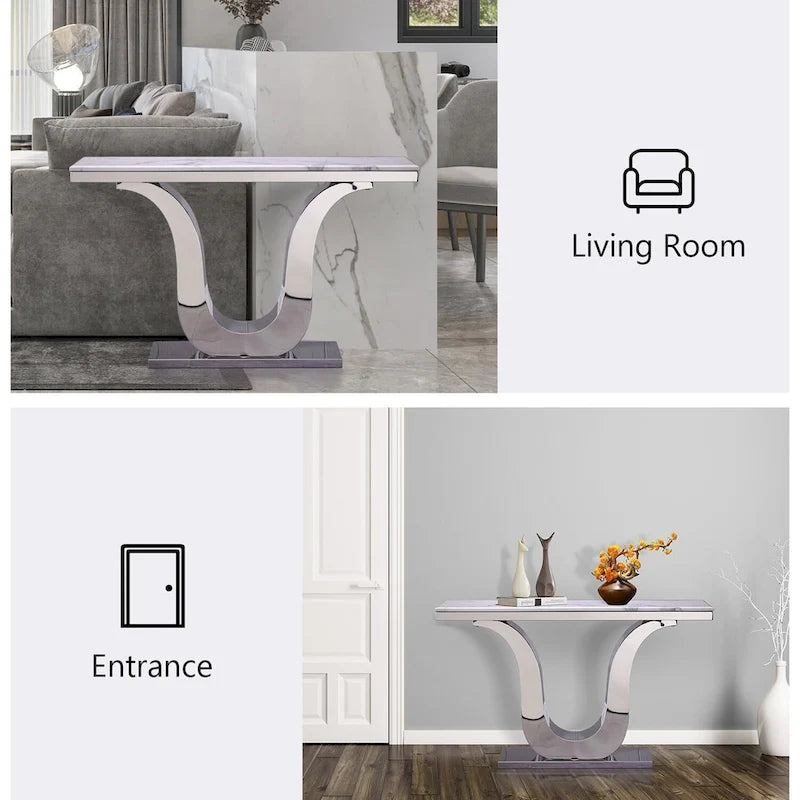 Table Console Luxe 50 pouces Rectangulaire Salon Canapé Blanc Table d'Entrée avec Base en U en Acier Inoxydable