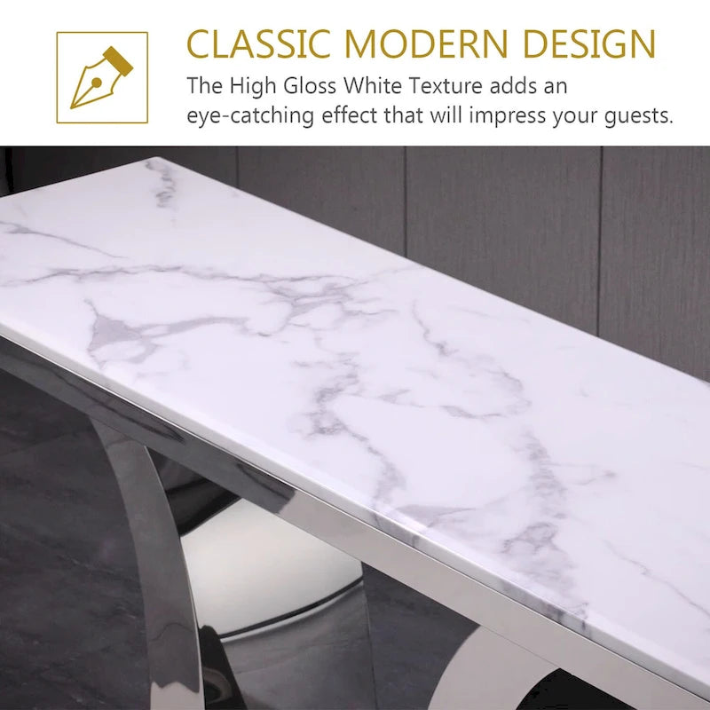 Table Console Luxe 50 pouces Rectangulaire Salon Canapé Blanc Table d'Entrée avec Base en U en Acier Inoxydable