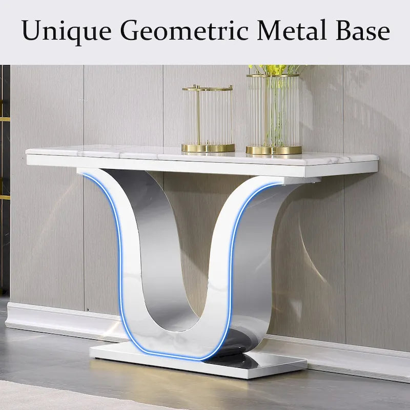 Table Console Luxe 50 pouces Rectangulaire Salon Canapé Blanc Table d'Entrée avec Base en U en Acier Inoxydable