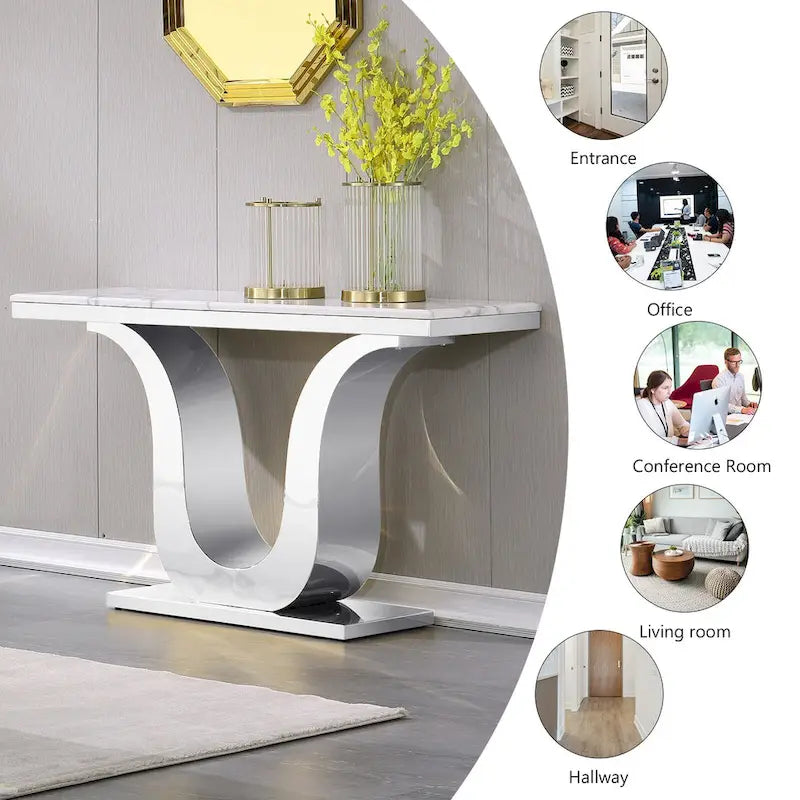 Table Console Luxe 50 pouces Rectangulaire Salon Canapé Blanc Table d'Entrée avec Base en U en Acier Inoxydable
