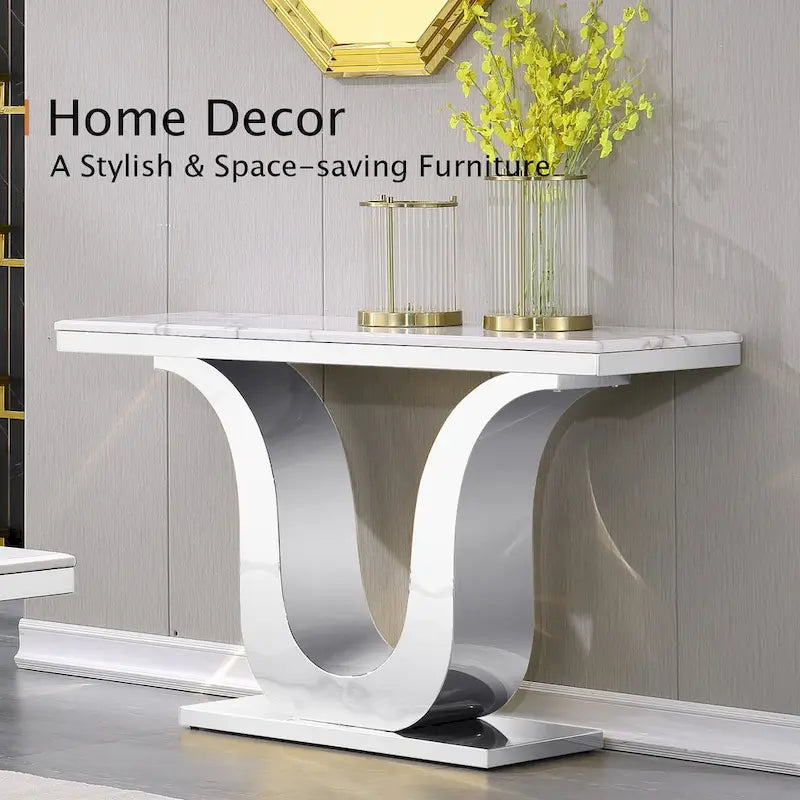Table Console Luxe 50 pouces Rectangulaire Salon Canapé Blanc Table d'Entrée avec Base en U en Acier Inoxydable