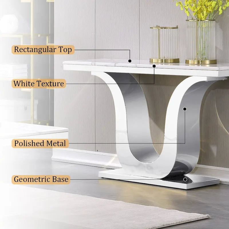 Table Console Luxe 50 pouces Rectangulaire Salon Canapé Blanc Table d'Entrée avec Base en U en Acier Inoxydable