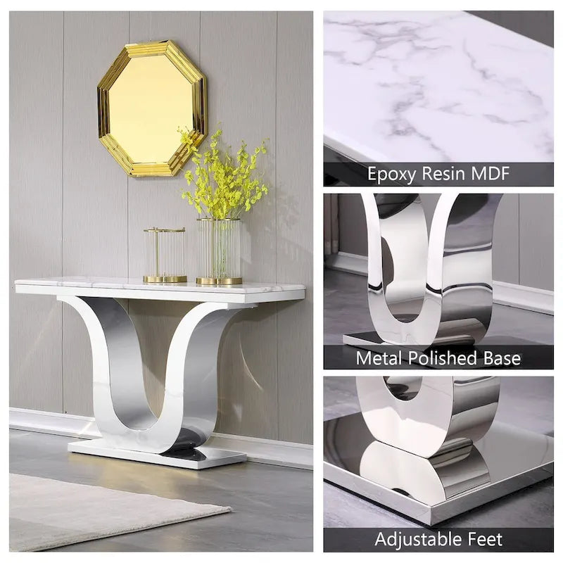 Table Console Luxe 50 pouces Rectangulaire Salon Canapé Blanc Table d'Entrée avec Base en U en Acier Inoxydable
