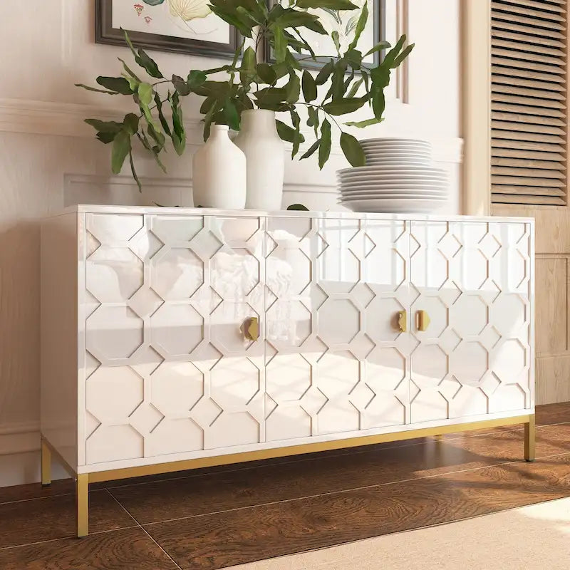 Buffet de rangement pour appareils multimédia à 3 portes avec finition brillante