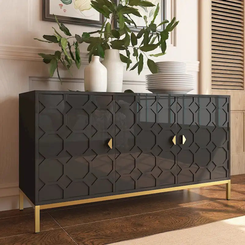 Buffet de rangement pour appareils multimédia à 3 portes avec finition brillante