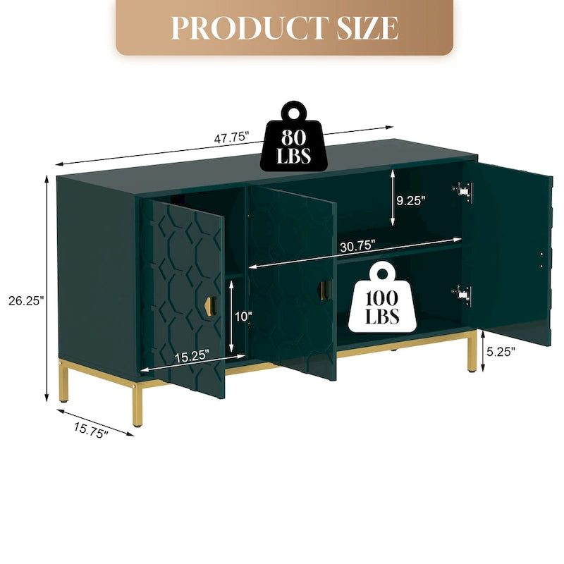 Buffet de rangement pour appareils multimédia à 3 portes avec finition brillante