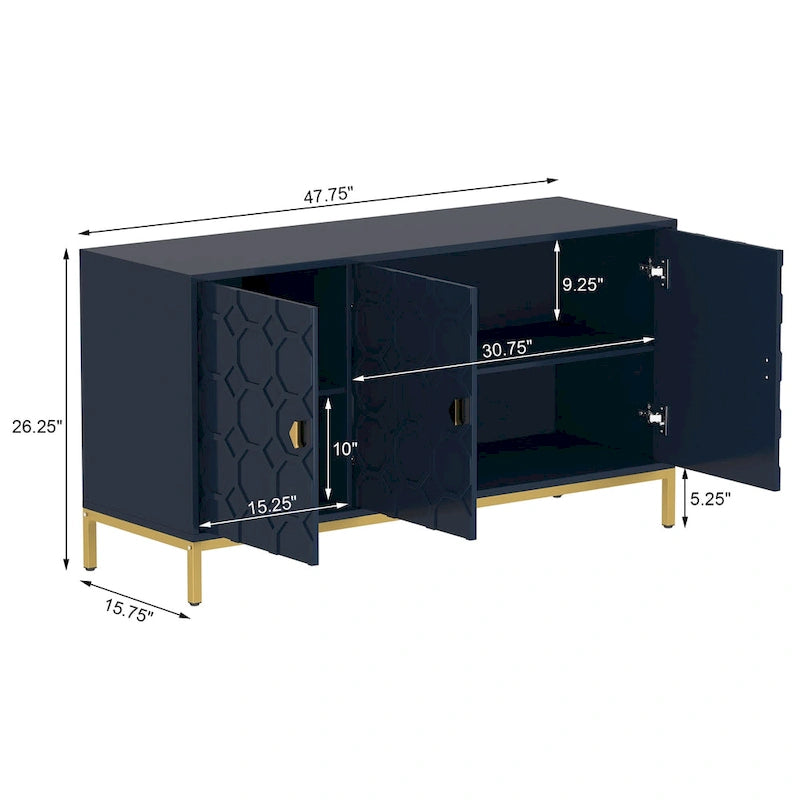 Buffet de rangement pour appareils multimédia à 3 portes avec finition brillante