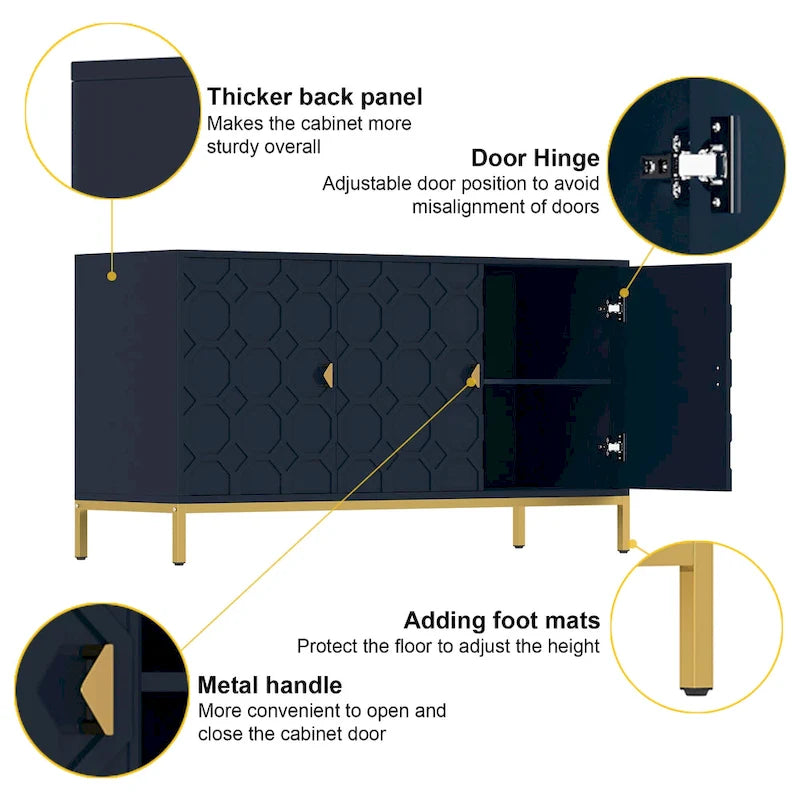 Buffet de rangement pour appareils multimédia à 3 portes avec finition brillante