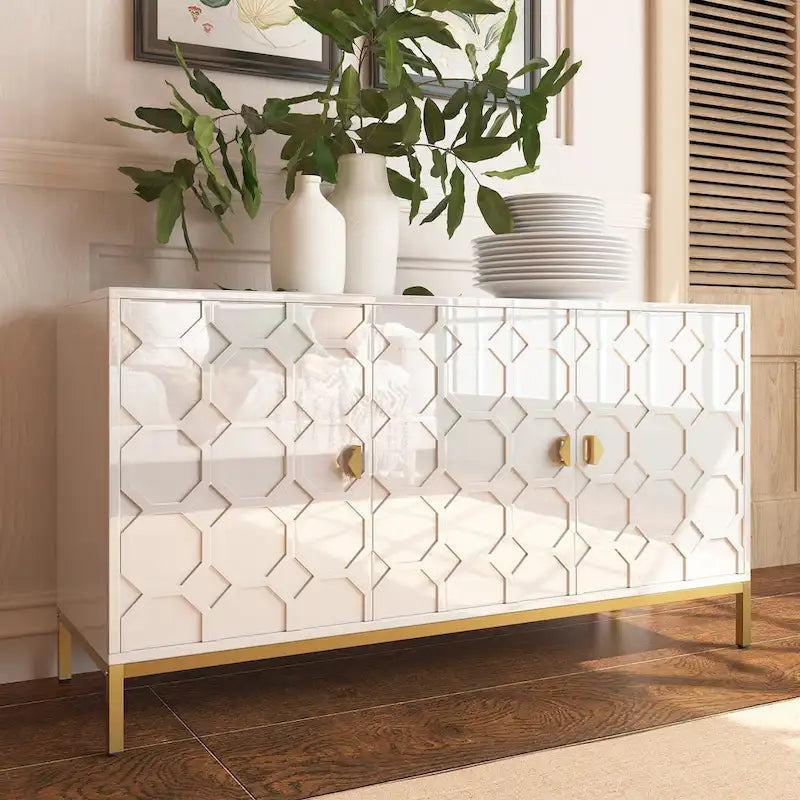 Buffet de rangement pour appareils multimédia à 3 portes avec finition brillante