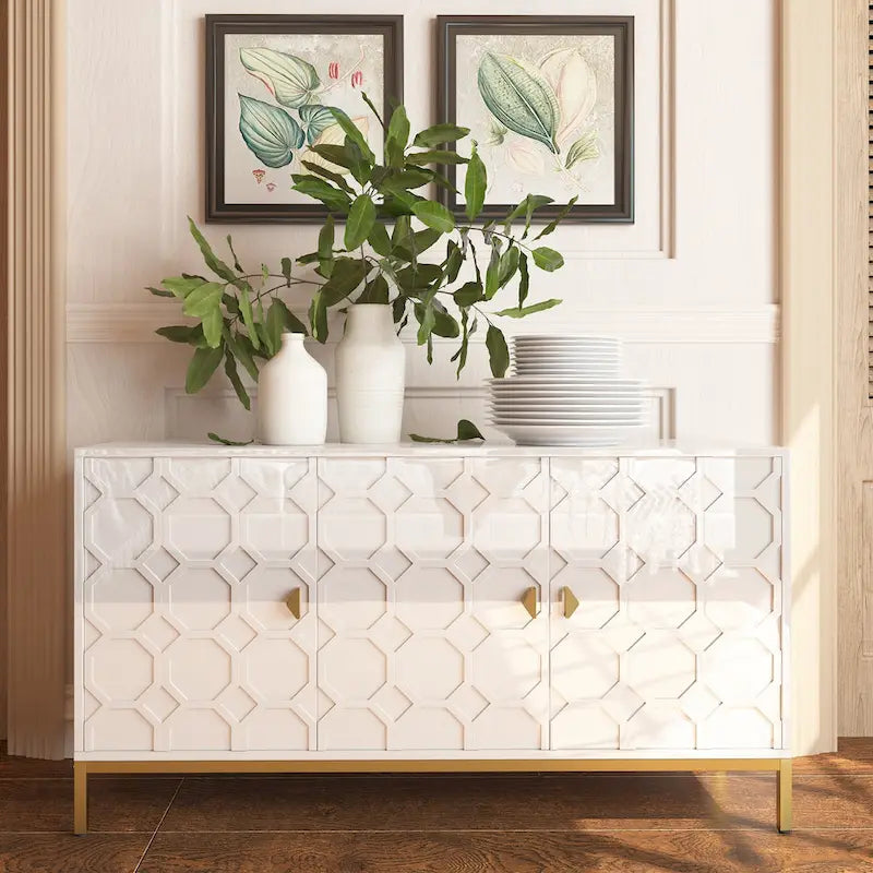 Buffet de rangement pour appareils multimédia à 3 portes avec finition brillante