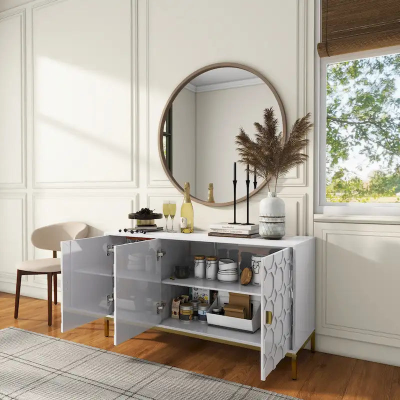 Buffet de rangement pour appareils multimédia à 3 portes avec finition brillante