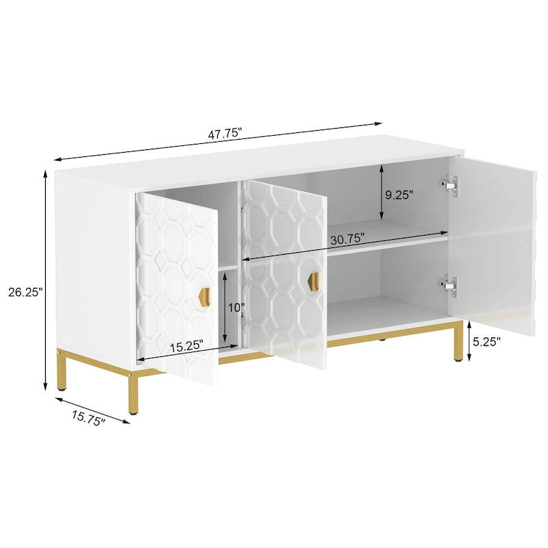 Buffet de rangement pour appareils multimédia à 3 portes avec finition brillante