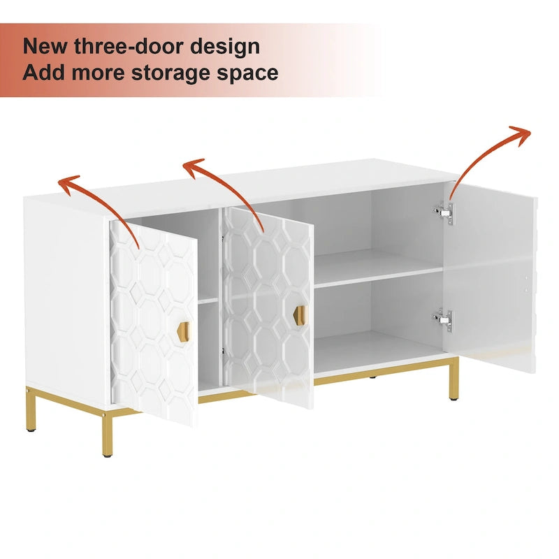 Buffet de rangement pour appareils multimédia à 3 portes avec finition brillante