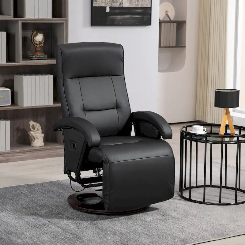 Fauteuil inclinable en PU avec repose-pieds, fauteuil de salon avec dossier réglable à 135° et base pivotante en bois