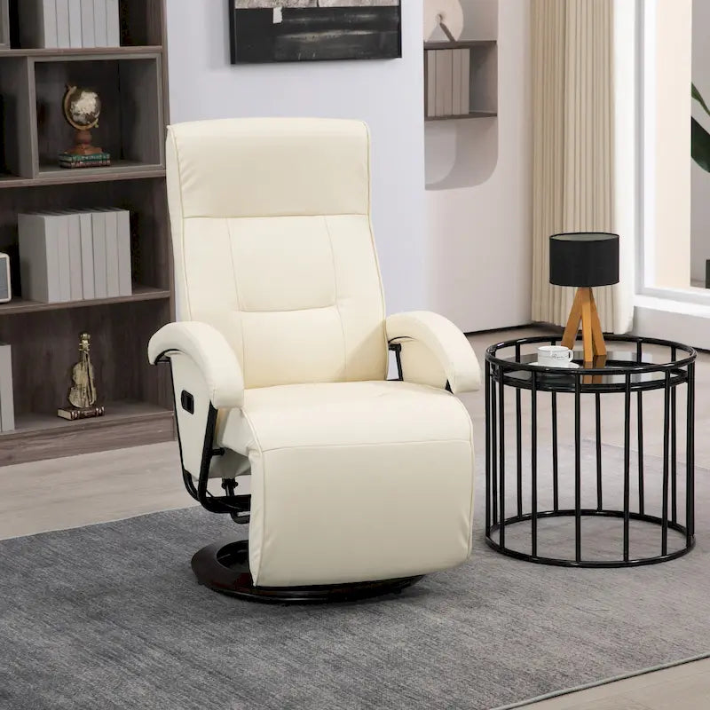 Fauteuil inclinable en PU avec repose-pieds, fauteuil de salon avec dossier réglable à 135° et base pivotante en bois
