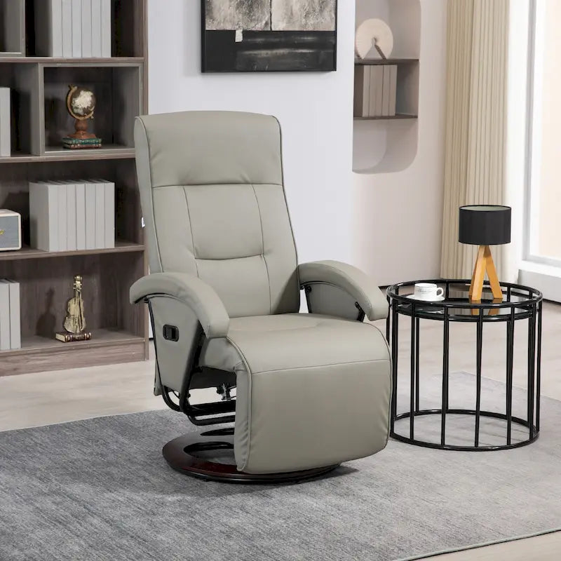 Fauteuil inclinable en PU avec repose-pieds, fauteuil de salon avec dossier réglable à 135° et base pivotante en bois
