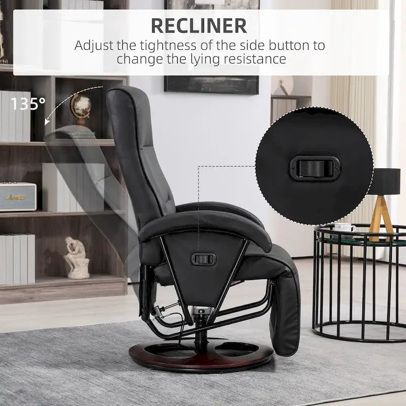Fauteuil inclinable en PU avec repose-pieds, fauteuil de salon avec dossier réglable à 135° et base pivotante en bois