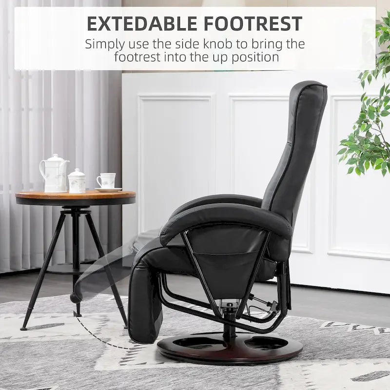 Fauteuil inclinable en PU avec repose-pieds, fauteuil de salon avec dossier réglable à 135° et base pivotante en bois