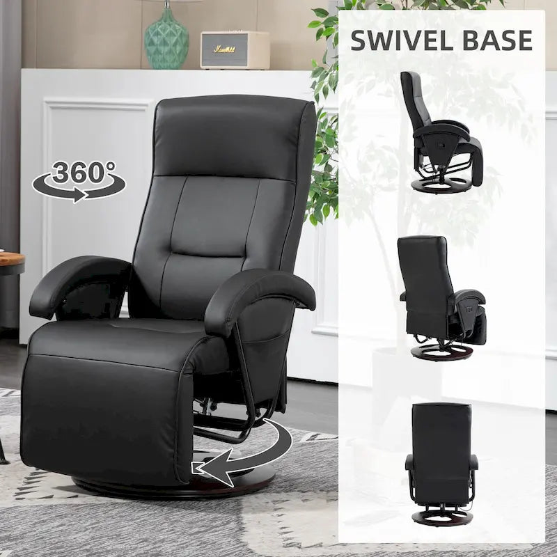 Fauteuil inclinable en PU avec repose-pieds, fauteuil de salon avec dossier réglable à 135° et base pivotante en bois