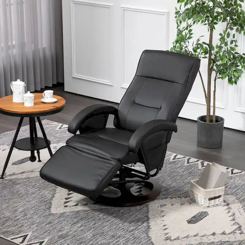 Fauteuil inclinable en PU avec repose-pieds, fauteuil de salon avec dossier réglable à 135° et base pivotante en bois