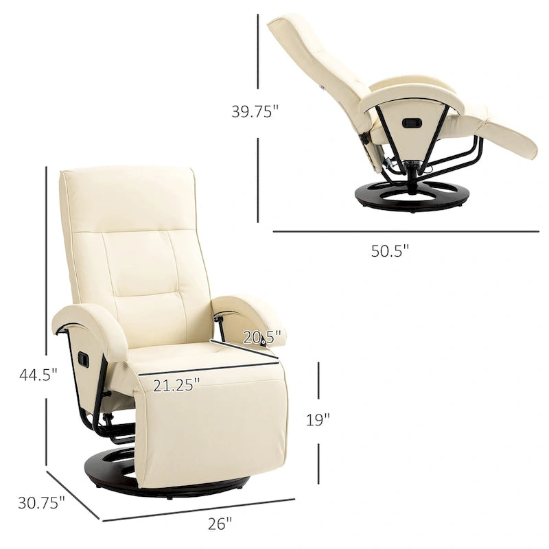 Fauteuil inclinable en PU avec repose-pieds, fauteuil de salon avec dossier réglable à 135° et base pivotante en bois