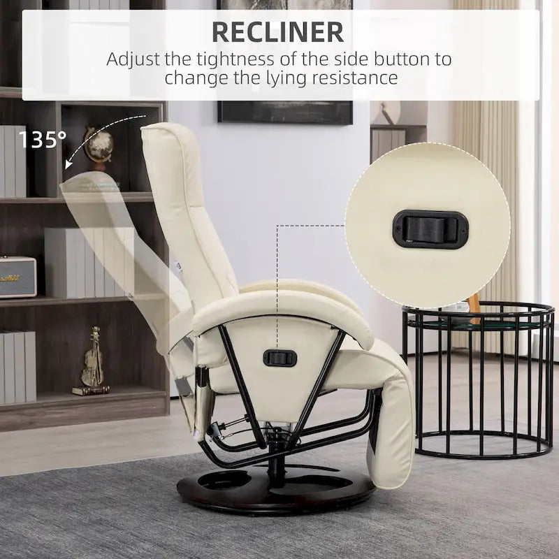 Fauteuil inclinable en PU avec repose-pieds, fauteuil de salon avec dossier réglable à 135° et base pivotante en bois