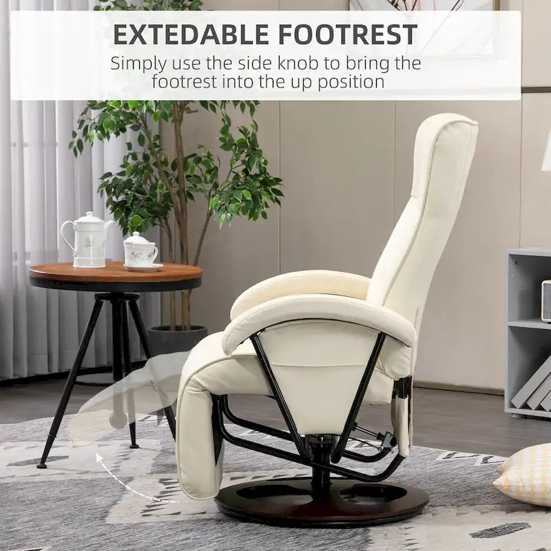 Fauteuil inclinable en PU avec repose-pieds, fauteuil de salon avec dossier réglable à 135° et base pivotante en bois