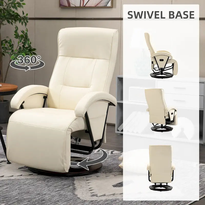 Fauteuil inclinable en PU avec repose-pieds, fauteuil de salon avec dossier réglable à 135° et base pivotante en bois