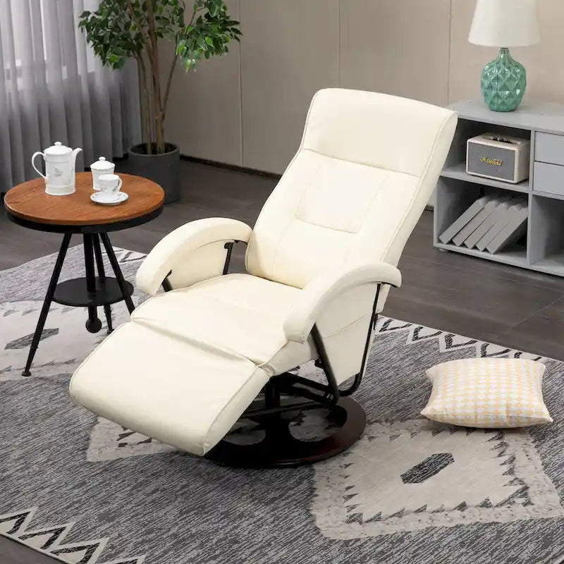 Fauteuil inclinable en PU avec repose-pieds, fauteuil de salon avec dossier réglable à 135° et base pivotante en bois
