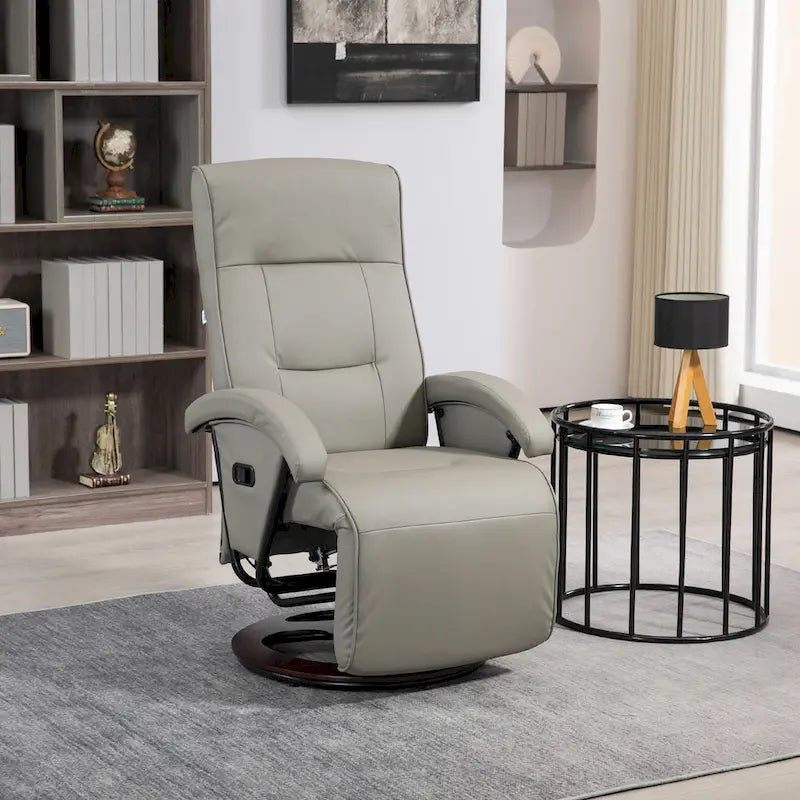 Fauteuil inclinable en PU avec repose-pieds, fauteuil de salon avec dossier réglable à 135° et base pivotante en bois