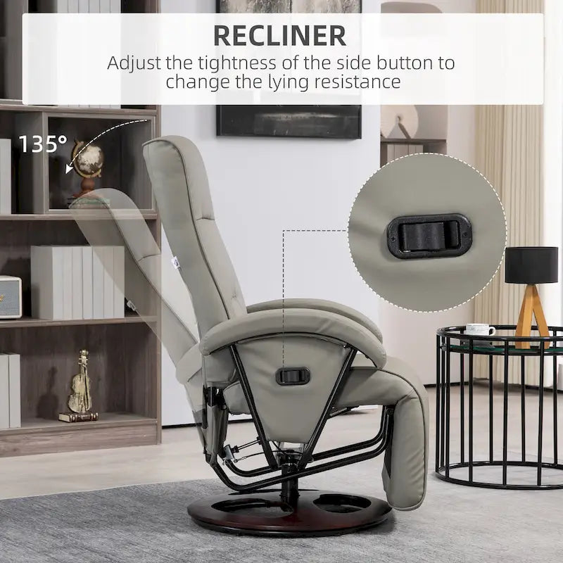 Fauteuil inclinable en PU avec repose-pieds, fauteuil de salon avec dossier réglable à 135° et base pivotante en bois