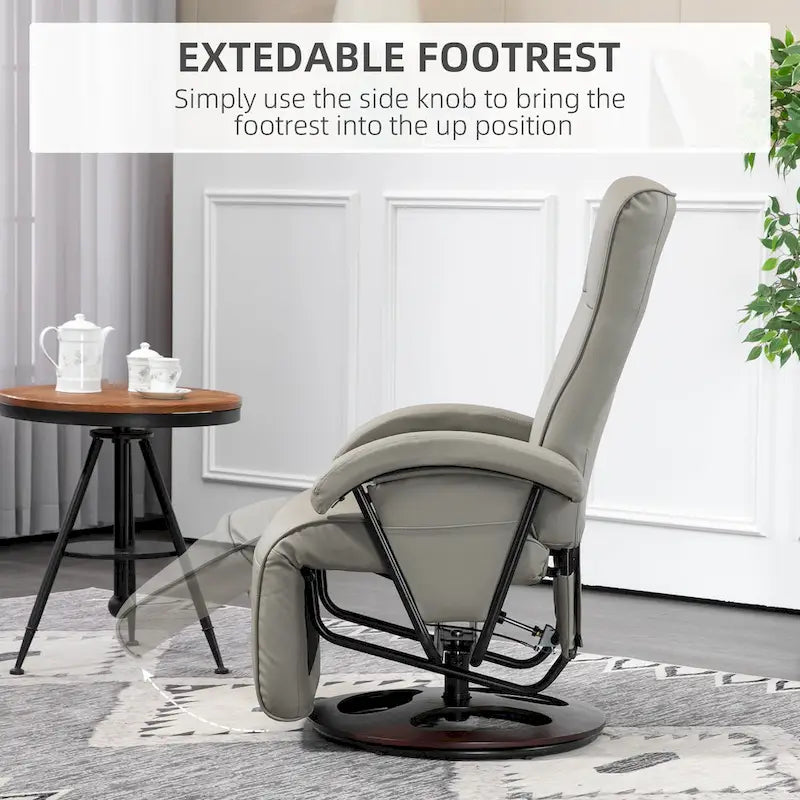 Fauteuil inclinable en PU avec repose-pieds, fauteuil de salon avec dossier réglable à 135° et base pivotante en bois