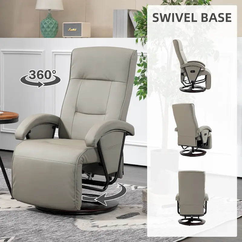 Fauteuil inclinable en PU avec repose-pieds, fauteuil de salon avec dossier réglable à 135° et base pivotante en bois